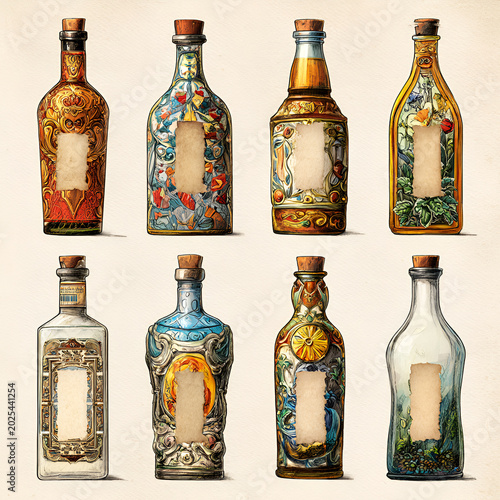 Eight decorative bottles, each uniquely adorned with vibrant patterns, cork stoppers, and blank label spaces. The bottles feature diverse styles and colors