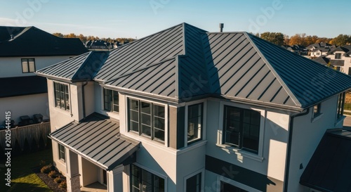 Modern Luxury Home with Durable Metal Roof Exterior View.