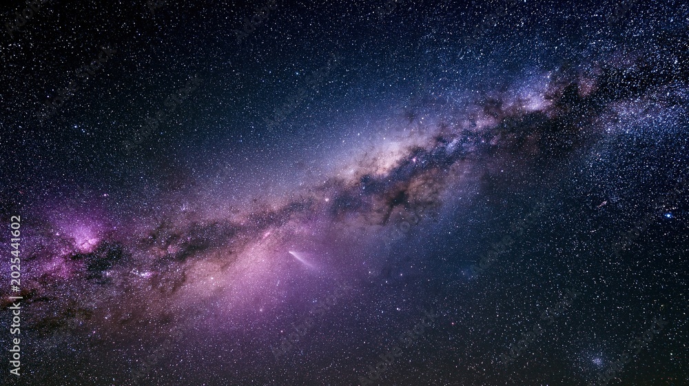 Fototapeta premium Dark night sky filled with bright milky way galaxy countless shining stars and soft purple nebula showing beautiful deep space astronomical landscape