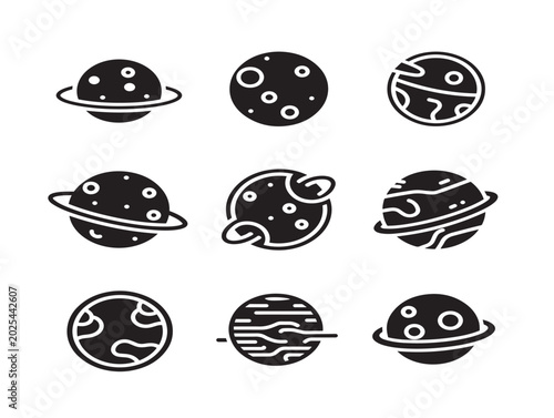 Vector illustration of planets with rings and craters in flat style
