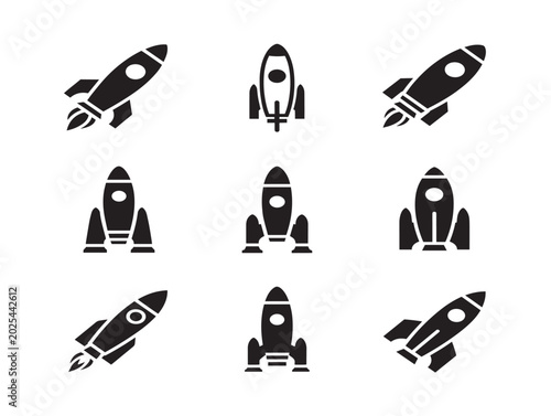 Vector illustration of various rockets in black and white flat style