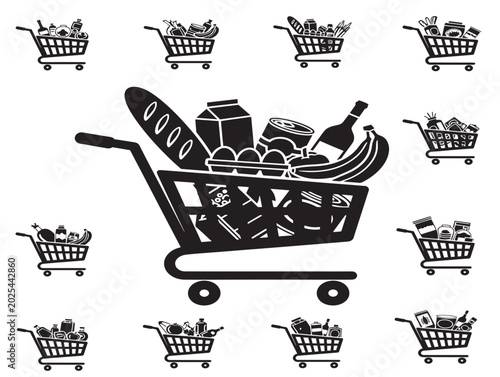 Shopping cart vector illustration with groceries in flat style