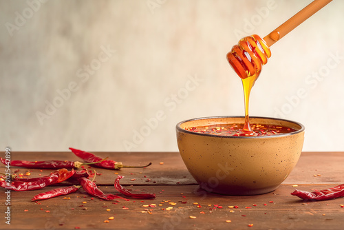 Swicy Hot Honey Chili Sauce Dripping From Wooden Dipper Into Spicy Red Pepper Glaze on Rustic Wooden Table