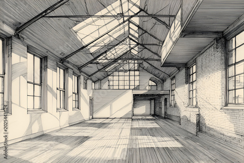 Architectural rendering of an expansive interior space, featuring a high, vaulted ceiling, large windows, and an upper level