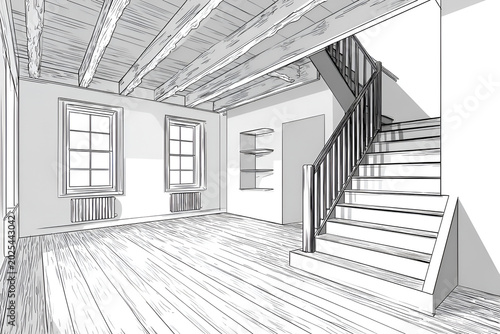 Architectural rendering of an interior space. Featuring wooden flooring, a staircase, windows, and exposed ceiling beams. A minimalist, grayscale aesthetic