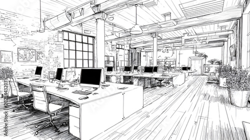 An open-plan office space sketched in black and white, depicting desks with computers and chairs, and industrial-style exposed ceilings