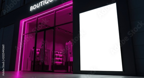 Modern Boutique Storefront With Purple Lighting and Clothing Displays Inside