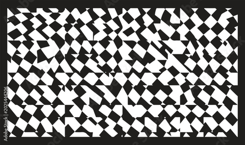 Fotografia A single abstract optical illusion background design featuring a distorted, wavy checkerboard pattern of black and white geometric squares enclosed in a solid black frame