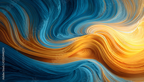 An abstract, flowing artwork featuring swirls of deep blue and bright yellow hues, creating a dynamic and fluid visual texture