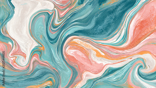 Abstract fluid art composition with swirling teal, coral, peach, and white hues. The blended colors create a dynamic, textured effect