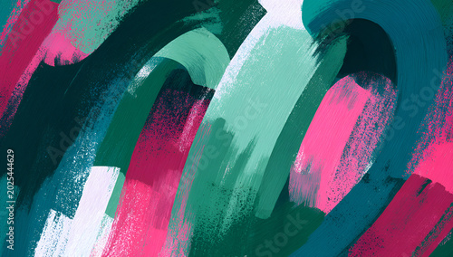 Abstract artwork featuring brushstrokes in shades of green, pink, and white. Overlapping arches form a dynamic composition on a dark background