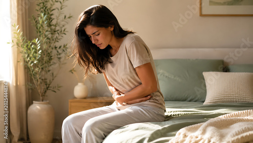 Unhappy young woman sitting on bed holding her belly suffering from severe abdominal pain and endometriosis cramps spreading important health awareness for menstrual hygiene day