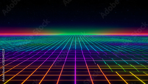 A vibrant, neon gridscape with a retro aesthetic. A colorful horizon line divides the starlit sky from the grid