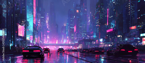 A vibrant, futuristic cityscape glows with neon lights. Sleek vehicles drive down a wet street reflecting the city's colors. Skyscrapers fill the frame