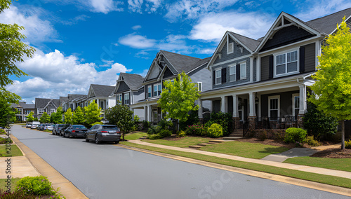 A street view showcases suburban homes with varying grey and white exteriors, green lawns, trees, and parked cars, beneath a blue sky
