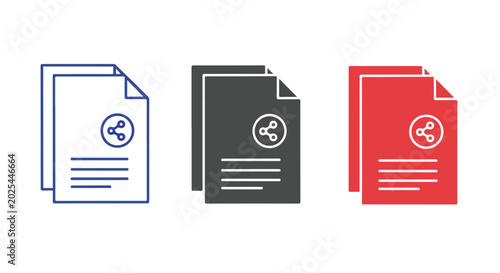 Set of three colorful documents in blue, black, and red with icons representing files and reports on a white background