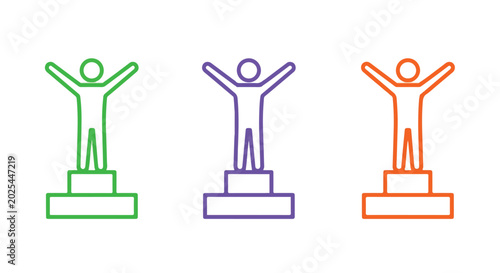 Colorful line art illustrations of a person standing on a podium with arms raised in victory or celebration