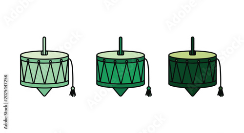 Set of three colorful drums with geometric patterns and drumsticks on a plain white background