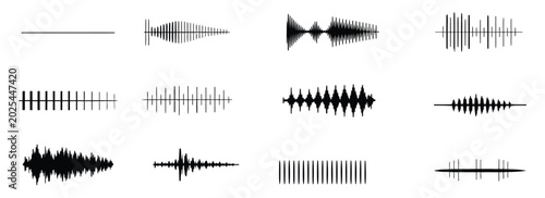 Foto Waveform signal illustration set, sleek audio pulse icons with clean monochrome vector styling and dynamic sound patterns, suitable for media applications, podcasts, and digital graphics