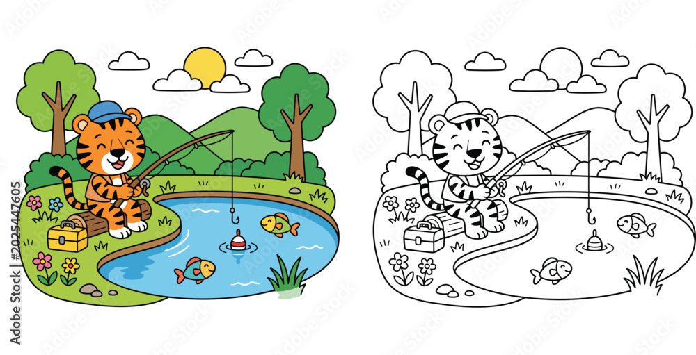 Fototapeta premium Cute Cartoon Tiger Fishing by a Pond - Relaxing Outdoor Animal Activity