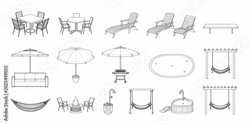 Outdoor patio furniture symbols, top view CAD vector icons, garden seating, umbrellas, lounge chairs, architectural landscape floor plan elements
