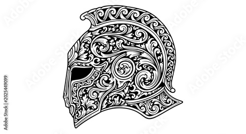 Fotografie Ornate Spartan Helmet, Ancient Warrior Headwear, Decorative Military Symbol