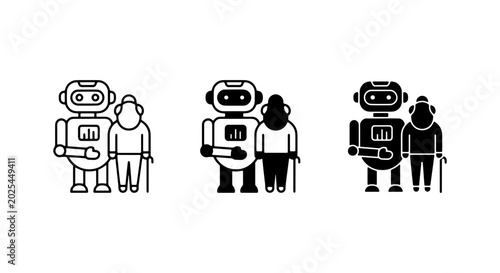 Robot and Senior Person Icons, AI Assistance, Future Technology, Elderly Care, Humanoid Companion Vector Set