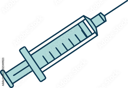 Foto Minimal flat of a vaccine syringe with a blue plunger and needle cap medical syr
