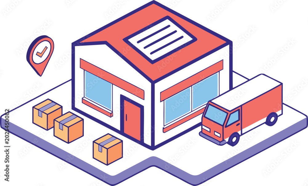 Fototapeta premium Isometric warehouse interior with red shelves, blue delivery truck, and stacked colorful boxes