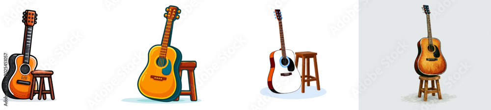 Obraz premium A minimalist acoustic guitar leans against a wooden stool on a simple geometric floor plane in warm earthy browns with black outlines