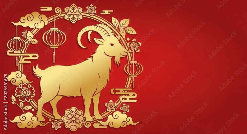 Fototapeta premium Gold goat on red background with chinese new year decorations illustration