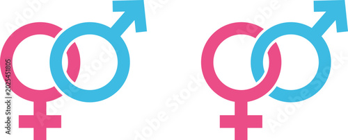 Interlocking pink female and blue male gender symbols on white background