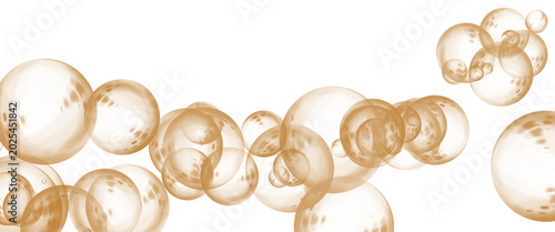 Tableau sur toile Golden champagne bubbles on white background, sparkling amber liquid spheres, lu