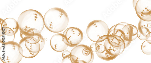 Quadro su tela Golden champagne bubbles on white background, sparkling amber liquid spheres, el