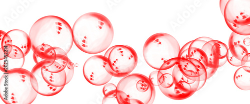Картината върху платно Vibrant red soap bubbles on white background, floating crimson spheres with glos