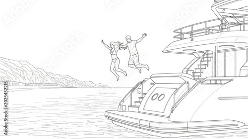 Foto Two friends jumping off a yacht into the ocean with 2D CAD design