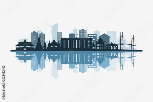 Photos Phnom Penh, Cambodia skyline silhouette with modern landmarks reflection on white background in minimalist style