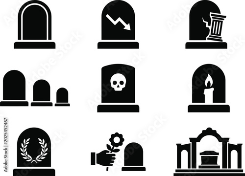 Slika na platnu Cemetery Gravestone and Tombstone Black Silhouette Icon Set for Funeral Services