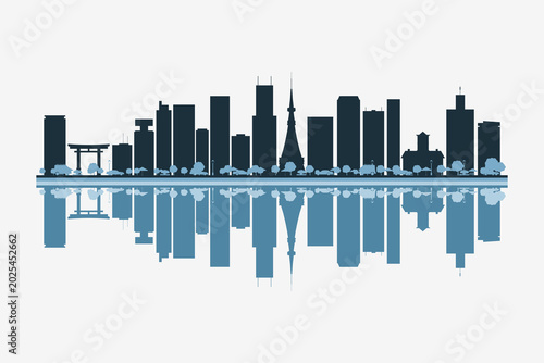 Foto Sapporo, Japan skyline silhouette with modern landmarks reflection on white background in minimalist style