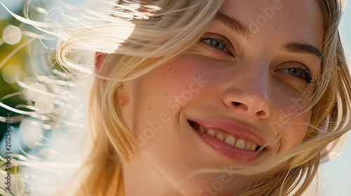 Beautiful woman smiling with blonde hair in bright sunlight