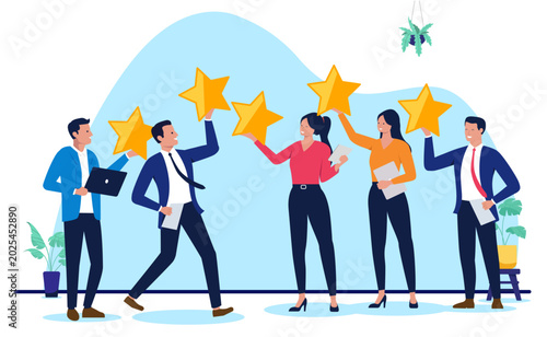 Happy corporate business team holding up five gold stars to celebrate excellent customer reviews and top rating, flat design vector illustration of quality feedback and reputation success