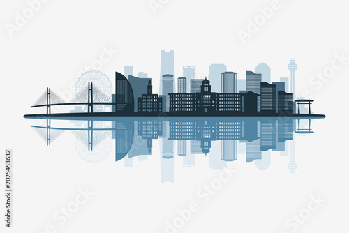 Quadro su tela Yokohama, Japan skyline silhouette with modern landmarks reflection on white background in minimalist style