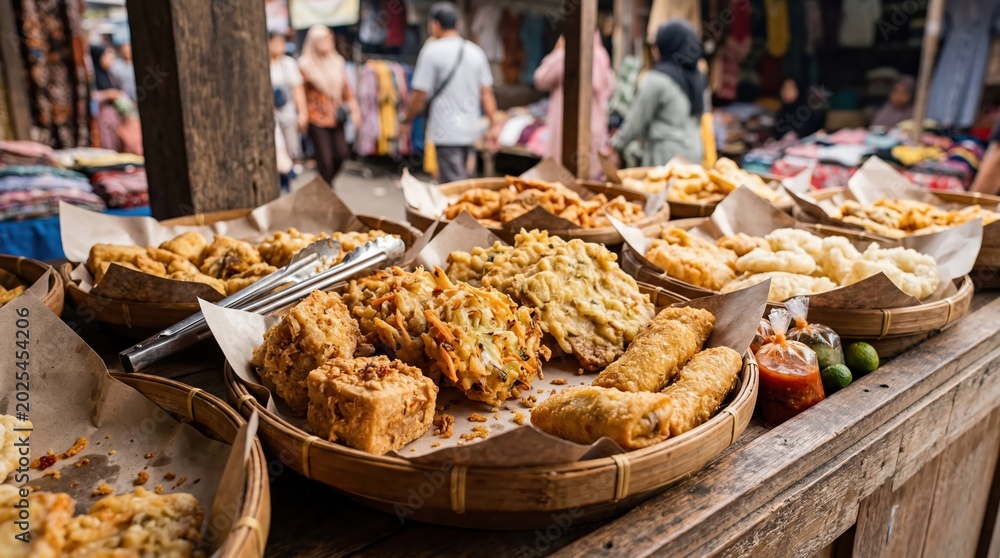 Obraz premium Traditional Indonesian Fried Snacks at Market Stall