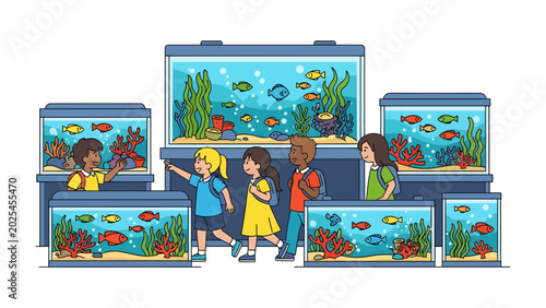 Aquarium Adventure: Young children gaze in wonder at diverse aquatic life displayed in various aquariums, creating a captivating educational experience.