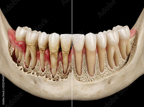 Mandible and teeth comparison: severe periodontitis with calculus buildup and alveolar bone loss (left) and healthy periodontal tissue with intact bone (right), 3D medical illustration on black 