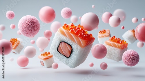 Salmon sushi roll with fish roe and rice surrounded by floating pink spheres creating delicate and dreamy atmosphere in soft light