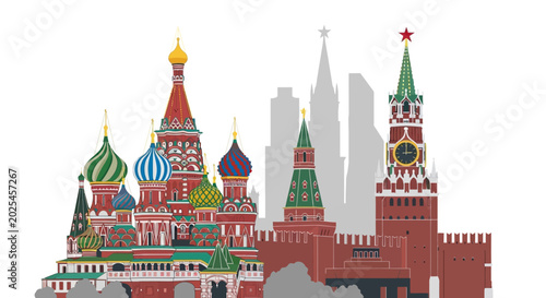 Moscow Kremlin and Saint Basil's Cathedral Skyline Illustration