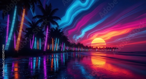 Vibrant Neon Sunset Over Tropical Beach with Palm Trees and Reflections.