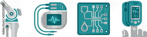 Advanced medical technology and biometric healthcare devices including orthopedic implants and digital monitoring sensors.