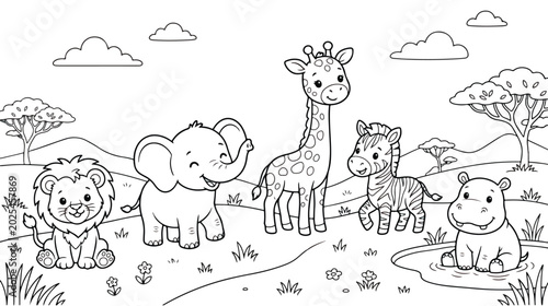 Photography Cute safari animals coloring page vector, cartoon african wildlife line art illu